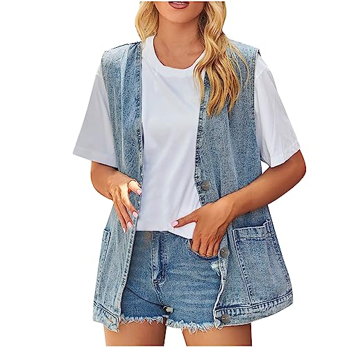 Battnot Jeansweste für Damen, ärmellos, Große Taschen, Geknöpfte Jeansjackenweste Jeansweste Damen Ärmellose Jeansweste Modische Lockere Passform Umlegekragen Klassischer Stil von Battnot
