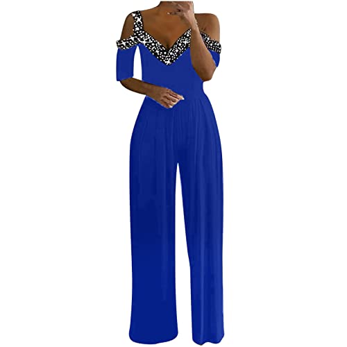 Battnot Jumpsuit Damen Glänzend Brillant Einteiler Lang Overall Hosenanzug Lose Schulterfrei Festival Party Playsuit Romper mit Weiten Beinen Glitzer Playsuits Overalls, T#blau von Battnot