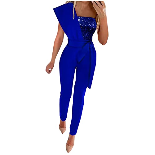 Battnot Jumpsuit Damen Glänzend Brillant Einteiler Lang Overall Hosenanzug Lose Schulterfrei Festival Party Playsuit Romper mit Weiten Beinen Glitzer Playsuits Overalls, XXL, U#blau von Battnot