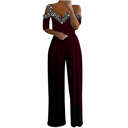 Battnot Jumpsuit Damen Glänzend Brillant Einteiler Lang Overall Sommer Hosenanzug Lose Schulterfrei Festival Party Playsuit Romper mit Weiten Beinen Jumpsuit Damen Elegant Glitzer Playsuits Overalls von Battnot