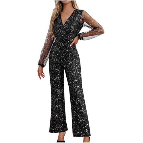 Battnot Jumpsuit Damen Glänzend Brillant Einteiler Lang Overall Sommer Hosenanzug Lose Schulterfrei Festival Party Playsuit Romper mit Weiten Beinen Jumpsuit Glitzer Playsuits Overalls, T#schwarz von Battnot