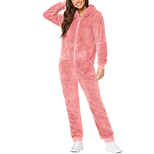 Battnot Jumpsuit Damen Winter Warm Overall Teddy Fleece Einteiler Onesie Schlafanzug Kuschelig Lang Pyjama Flauschig Weich Hausanzug Einfarbig Schlafoverall Reißverschluss Homewear Plüsch Warm Pyjama von Battnot