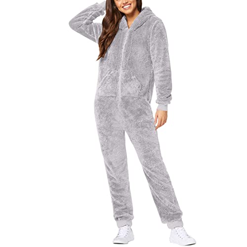 Battnot Jumpsuit Damen Winter Warm Overall Teddy Fleece Einteiler Onesie Schlafanzug Kuschelig Lang Pyjama Flauschig Weich Hausanzug Einfarbig Schlafoverall Reißverschluss Homewear Plüsch Warm Pyjama von Battnot