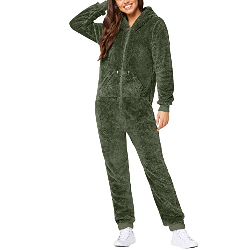 Battnot Jumpsuit Damen Winter Warm Overall Teddy Fleece Einteiler Onesie Schlafanzug Kuschelig Lang Pyjama Flauschig Weich Hausanzug Einfarbig Schlafoverall Reißverschluss Homewear Plüsch Warm Pyjama von Battnot