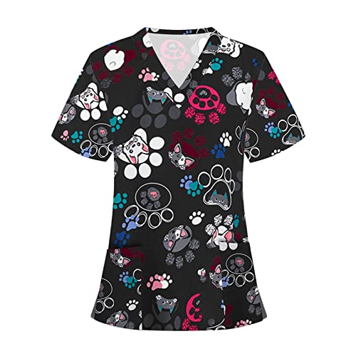 Kasack Damen Pflege Bunt mit Motiv Tierdruck Schlupfkasack mit Taschen Nurse Pflegebekleidung Funny Cosplay Uniform Berufsbekleidung Blume T-Shirts Schlupfkasack Schlupfhemd Uniform S-XXL von Battnot