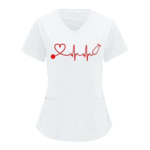 Battnot Kasack Damen Pflege Günstig große größen mit Liebe Motiv T-Shirt Schlupfkasack Krankenhaus Schlupfhemd Bluse Kurzarm V-Ausschnitt Kasack Bunt Arzt Uniform Berufsbekleidung Kleidung von Battnot