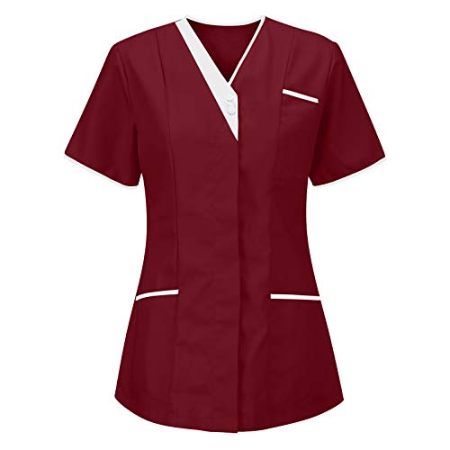 Kasacks Damen Pflege Günstig Einfarbig Kurzarm V-Ausschnitt T-Shirt Tops mit Taschen Schlupfhemd Arbeitsuniform Pflegebekleidung Kasack Krankenpfleger Uniform Pflegeheim Nurse Berufskleidung Tops von Battnot