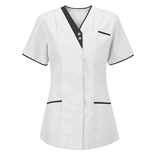 Kasacks Damen Pflege Günstig Einfarbig Kurzarm V-Ausschnitt T-Shirt Tops mit Taschen Schlupfhemd Arbeitsuniform Pflegebekleidung Kasack Krankenpfleger Uniform Pflegeheim Nurse Berufskleidung Tops von Battnot