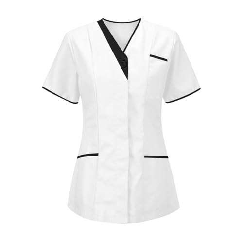 Battnot Kittel Weiss Damen Krankenhaus Schlupfhemd Bluse Kurzarm V-Ausschnitt Kasack Damen Pflege Uniform Berufsbekleidung Krankenschwester Kleidung Plus Size Nurse Uniformen Arbeitskleidung von Battnot