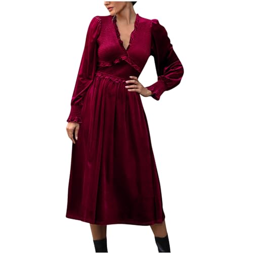 Battnot Kleid Damen Elegant Samtkleid Lang Abendkleid V-Ausschnitt Partykleid Cocktailkleid Lange Ärmel Wickelkleid Festlich Kleid Samt Maxikleid Silvester Kleid für Herbst Winter Retro Kleid Elegant von Battnot