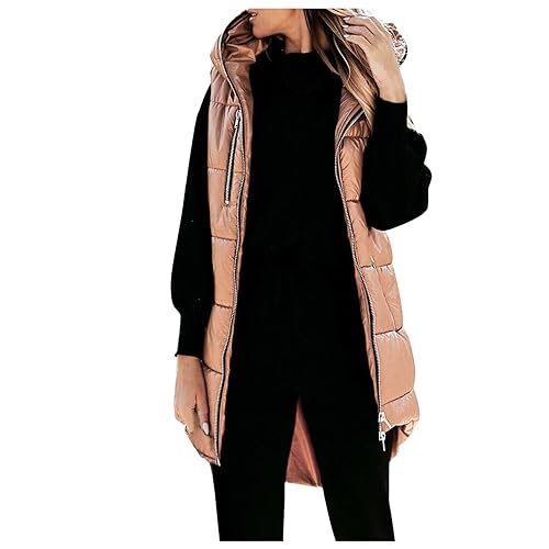 Battnot Lang Weste Damen Steppweste Longweste Winterweste Damen Lange Daunenweste Leichte Weste mit Kapuze Winterjacke Casual Übergangsjacke Damen Warme Ärmellos Jacke Longweste Leichte Warm von Battnot
