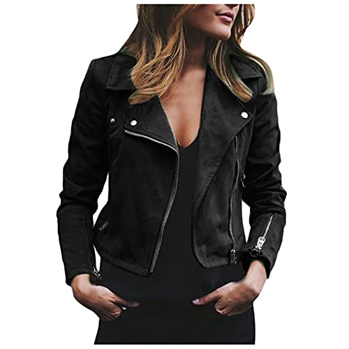 Battnot Lederjacke Damen Kurz Jacke Reverskragen Übergangsjacke aus Kunstleder mit Reißverschluss für Herbst Slim Fit Mantel Casual Bomberjacke Damen Mode Trend Pilotenjacke Fliegerjacke Streetwear von Battnot