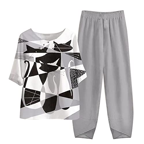 Battnot Leinenanzug Damen Elegant Freizeitanzug Leinen Änzuge Jumpsuit Sommer Leinenbluse und Leinenhose Sportlich Große Größe Leinen Zweiteiler Jogginganzug Mode Hosenanzug Streetwear Freizeitanzug von Battnot