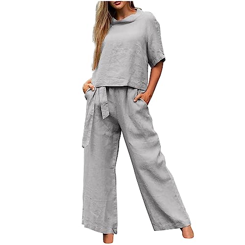 Battnot Leinenanzug Damen Zweiteiler Damen Sommer Freizeit Trainingsanzug Jogginganzug Hosenanzug Damen Elegant 2 Teiler Leinen Set Damen Sommer Loungewear Set Weite Hose Leinen Set Damen Outfit von Battnot