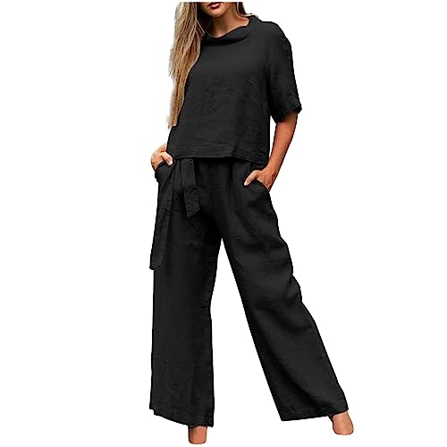 Battnot Leinenanzug Damen Zweiteiler Damen Sommer Freizeit Trainingsanzug Jogginganzug Hosenanzug Damen Elegant 2 Teiler Leinen Set Damen Sommer Loungewear Set Weite Hose Leinen Set Damen Outfit von Battnot