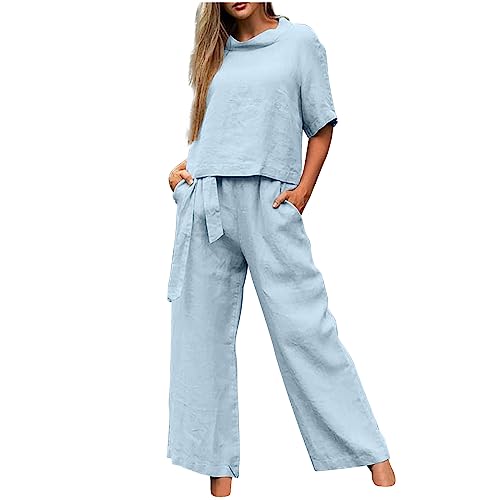 Battnot Leinenanzug Damen Zweiteiler Damen Sommer Freizeit Trainingsanzug Jogginganzug Hosenanzug Damen Elegant 2 Teiler Leinen Set Damen Sommer Loungewear Set Weite Hose Leinen Set Damen Outfit von Battnot