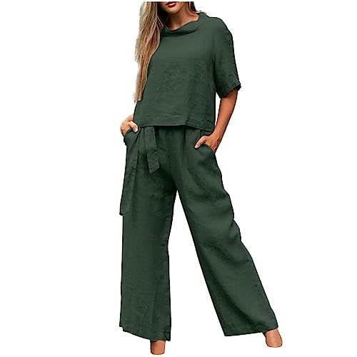 Battnot Leinenanzug Damen Zweiteiler Damen Sommer Freizeit Trainingsanzug Jogginganzug Hosenanzug Damen Elegant 2 Teiler Leinen Set Damen Sommer Loungewear Set Weite Hose Leinen Set Damen Outfit von Battnot