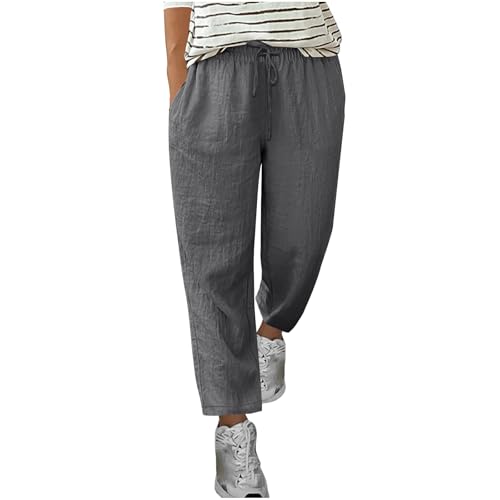 Battnot Leinenhose Damen Sommer 3/4 Musselin Hose Leicht Leinen Sommerhose Mit Taschen Causal Locker Caprihose Elastische Bequeme Stoffhose Sport Freizeit Strandhose Stoffhose Wanderhose von Battnot