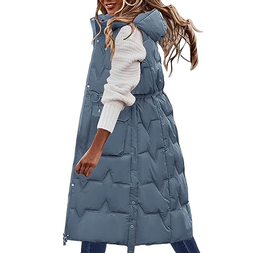 Battnot Longweste Damen Steppweste Winter Daunenweste Warmer Lange Sportweste mit Taschen Steppjacke Damen Lang Weste Elegant Mantel Kapuzenweste Outdoor Leichte Winterweste Outdoorjacke von Battnot