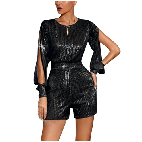 Battnot Pailletten Jumpsuit Damen Overall Einteiler Kurz Abend Hosenanzug Jumpsuits Damen Glitzer Strampler Rave Weites Bein Outfits Elegant Playsuit Romper Cocktail Sexy Jumpsuits von Battnot