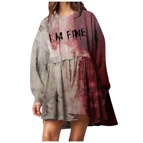 Battnot Problem Gelöst Kleider Damen Halloween kostüm mit Blutig Bedruckt Blood Langarm Tshirt Kleid mit Kapuze Kapuzenpulli Blut Verletzung Horror Pullover mit Taschen Blutspritzer Muster von Battnot