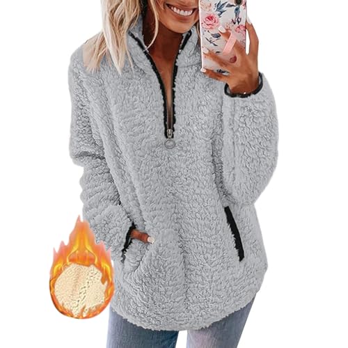 Battnot Pullover Damen Flauschig Pulli, Damen Pullover Sale Fleece Weich Herbst Winter Warm Kapuzenpullover Casual Sweatshirt Damen Pullover Sale Angebote Langarm Oberteile Top Teddypullover mt Zip von Battnot
