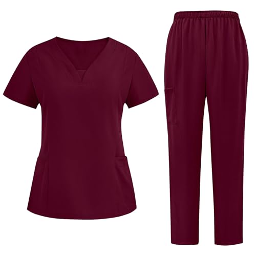 Battnot Scrubs Set Kasacks Damen Pflege Günstig Einfarbig Kurzarm V-Ausschnitt Tops und Hose Schlupfhemd Arbeitsuniform Pflegebekleidung Krankenpfleger Uniform Pflegeheim Nurse Berufskleidung von Battnot