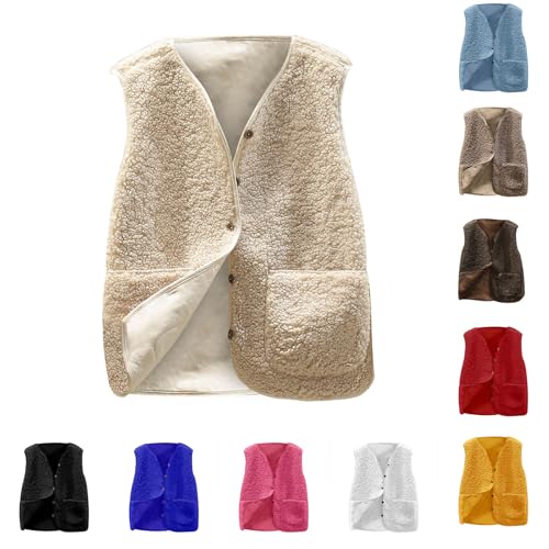 Battnot Teddy Jacke Dame Weste Damen Winter Warm, Fellweste Damen Einfarbig V-Ausschnitt Knöpfen Teddyfleece Jacke Fleece Winterweste, Fell Weste Kurz Plüschweste Teddyweste Outwear von Battnot