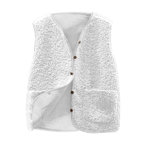 Battnot Teddy Jacke Dame Weste Damen Winter Warm, Fellweste Damen Einfarbig V-Ausschnitt Knöpfen Teddyfleece Jacke Fleece Winterweste, Fell Weste Kurz Plüschweste Teddyweste Outwear von Battnot