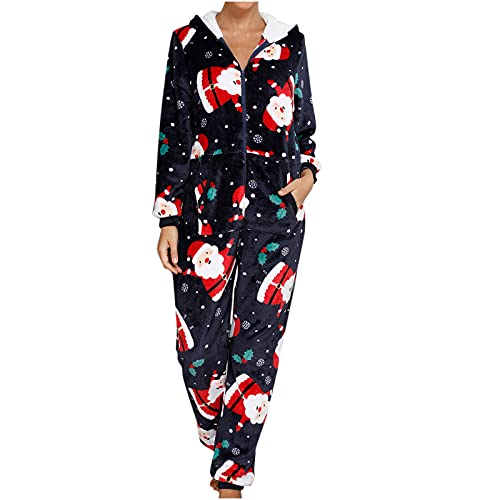 Battnot Weihnachten Damen Schlafanzug Lang Warm Jumpsuit Langarm Onesie Teddy Fleece Pyjama mit Kapuze Schlafanzug Overall Kuschelig Hausanzug Anzug Flauschig Santa Claus Schlafoverall von Battnot