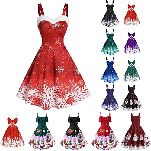 Battnot Weihnachtskleid für Damen Vintage Ärmellos Weihnachtskleider Damen Vintage Kleid Elegant Frauen Vintage Kleider Christmas Dresses Mädchen Rot Festlich Festival Große Größe Cocktailkleid von Battnot