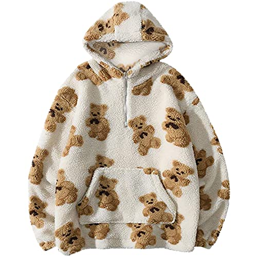 Battnot Winterjacke Damen Langarm Tops Übergroße Sherpa Jacke für Damen Fuzzy Fleece Mantel mit niedlichem Teddybär Print Warme Bluse Reißverschluss Langarm Kapuze Fleecejacke Outwear Plüschjacke von Battnot