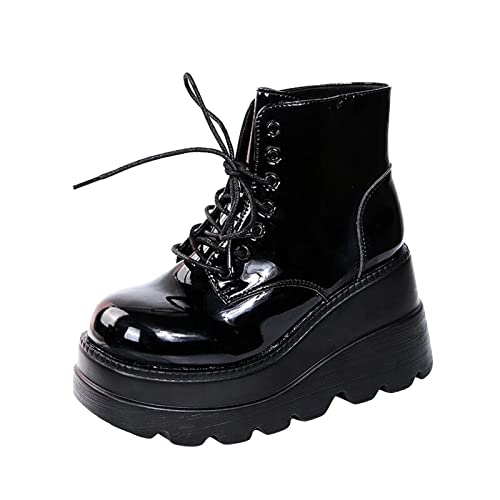 Battnot Winterstiefel Damen Winterschuhe Kurzschaft Schnürstiefel Gothic Vintage Stiefeletten Schuhe Plateau Stiefel Chunky Heel Schuhe Damen Winter Gothic Punk Plateau Stiefel Goth Stiefeletten von Battnot