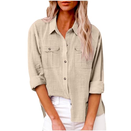 Bluse Damen Musselin Langarmshirt Baumwolle Lässig Oberteile Hemd Langarm Einfarbig Tops Damen Bluse Langarm Hemden Casual V-Ausschnitt Button Down Blusen Tops Atmungsaktiv Casual Tops von Battnot