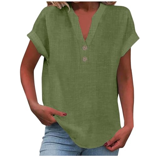Blusen Tuniken für Damen Leinen Bluse Basic V-Ausschnitt Kurzarm T-Shirt Lässiges Musselin Oberteile Button Down Bequemes Sexy Modisch Licht Hemdbluse Tunika Top Leinenbluse Leinenhemd von Battnot