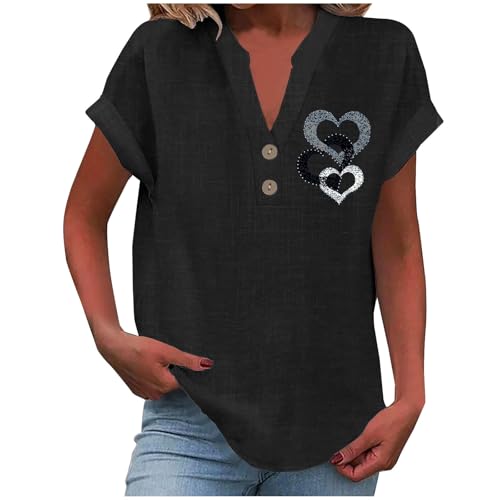 Blusen Tuniken für Damen Leinen Bluse Basic V-Ausschnitt Kurzarm T-Shirt Lässiges Musselin Oberteile Button Down Bequemes Sexy Modisch Licht Hemdbluse Tunika Top Leinenbluse Leinenhemd von Battnot