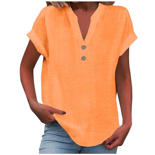 Blusen Tuniken für Damen Leinen Bluse Basic V-Ausschnitt Kurzarm T-Shirt Lässiges Musselin Oberteile Button Down Bequemes Sexy Modisch Licht Hemdbluse Tunika Top Leinenbluse Leinenhemd von Battnot