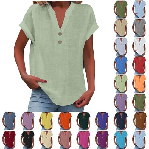 Blusen Tuniken für Damen Leinen Bluse Basic V-Ausschnitt Kurzarm T-Shirt Lässiges Musselin Oberteile Button Down Bequemes Sexy Modisch Licht Hemdbluse Tunika Top Leinenbluse Leinenhemd von Battnot