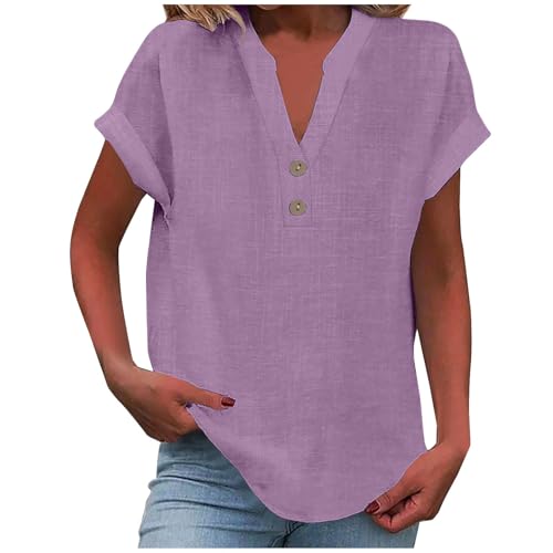 Blusen Tuniken für Damen Leinen Bluse Basic V-Ausschnitt Kurzarm T-Shirt Lässiges Musselin Oberteile Button Down Bequemes Sexy Modisch Licht Hemdbluse Tunika Top Leinenbluse Leinenhemd von Battnot