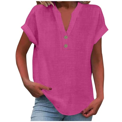 Blusen Tuniken für Damen Leinen Bluse Basic V-Ausschnitt Kurzarm T-Shirt Lässiges Musselin Oberteile Button Down Bequemes Sexy Modisch Licht Hemdbluse Tunika Top Leinenbluse Leinenhemd von Battnot