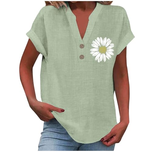Blusen Tuniken für Damen Leinen Bluse Basic V-Ausschnitt Kurzarm T-Shirt Lässiges Musselin Oberteile Button Down Bequemes Sexy Modisch Licht Hemdbluse Tunika Top Leinenbluse Leinenhemd von Battnot