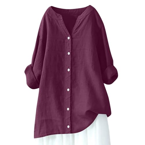 Blusen & Tuniken Für Damen Oversize Musselin Bluse Leinen Baumwolle Longbluse Sommer Übergröße Leinenbluse Button-Down Tunika Lässiges Hemd Elegant Atmungsaktive Freizeithemd Lose Shirts von Battnot
