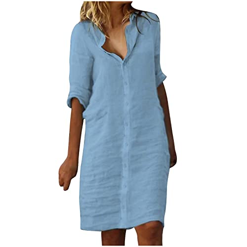 Blusenkleid Damen Leinenkleid Sommer mit Knopfleiste Kurzarm V-Ausschnitt Leinen Tunika Kleid Freizeit Knielang Strandkleid Leichte Freizeitkleid Urlaub Hemdkleid Sommerkleid Elegant Boho kleid von Battnot