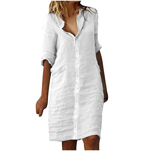 Blusenkleid Damen Leinenkleid Sommer mit Knopfleiste Kurzarm V-Ausschnitt Leinen Tunika Kleid Freizeit Knielang Strandkleid Leichte Freizeitkleid Urlaub Hemdkleid Sommerkleid Elegant Boho kleid von Battnot