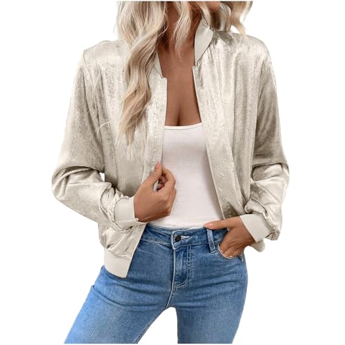 Bomberjacke Damen Glitzer Jacke Coat Sommer Blouson Reißverschluss Herbst Frühling Jacket Mädchen Sommerjacke Kurz Outwear College Jacke leichte Pilotenjacke Langarm Fliegerjacke Pilotenjacke von Battnot