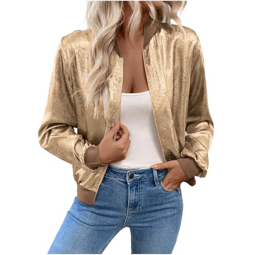 Bomberjacke Damen Glitzer Jacke Coat Sommer Blouson Reißverschluss Herbst Frühling Jacket Mädchen Sommerjacke Kurz Outwear College Jacke leichte Pilotenjacke Langarm Fliegerjacke Pilotenjacke von Battnot