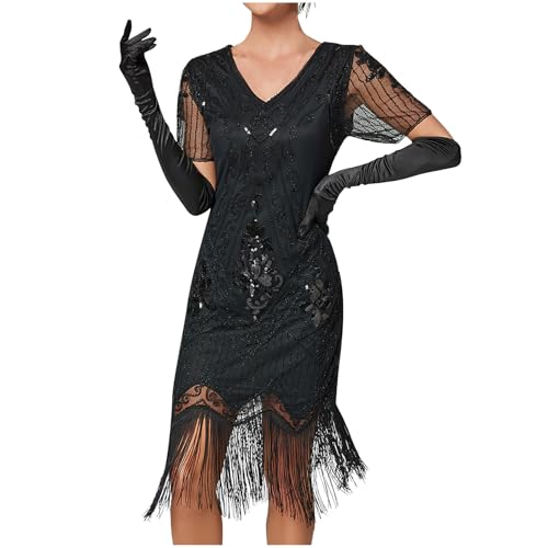 Damen 1920er Jahre V-Ausschnitt Pailletten Fransen Kleid - Flapper Gatsby Motto Party Kostüm - 20er Jahre Charleston Knielang Cocktail Kleid von Battnot
