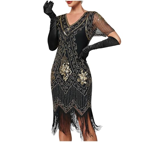 Damen 1920er Jahre V-Ausschnitt Pailletten Fransen Kleid - Flapper Gatsby Motto Party Kostüm - 20er Jahre Charleston Knielang Cocktail Kleid von Battnot