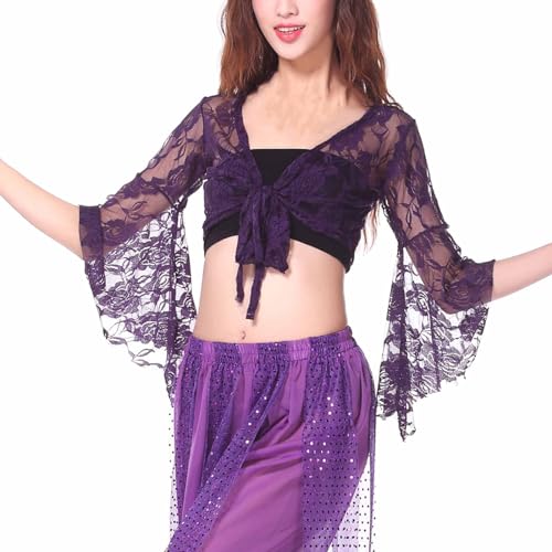 Damen Bauchtanz Kostüm Oberteil Langarm Spitzen Trompetenärmel Jäckchen Binden Top Knoten Shirts Bluse Damen Bauchtanz Kostüm Oberteil Tunika Shirts Kurz Bauchfrei Crop Top Belly Dance Outfits von Battnot