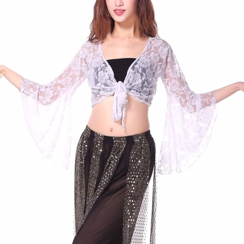 Damen Bauchtanz Kostüm Oberteil Langarm Spitzen Trompetenärmel Jäckchen Binden Top Knoten Shirts Bluse Damen Bauchtanz Kostüm Oberteil Tunika Shirts Kurz Bauchfrei Crop Top Belly Dance Outfits von Battnot
